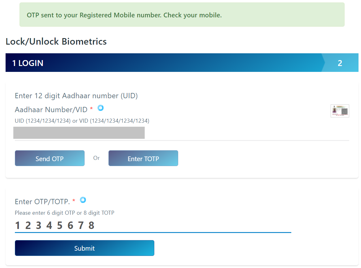 Lock / Unlock biometrics in AADHAAR; confirm OTP.